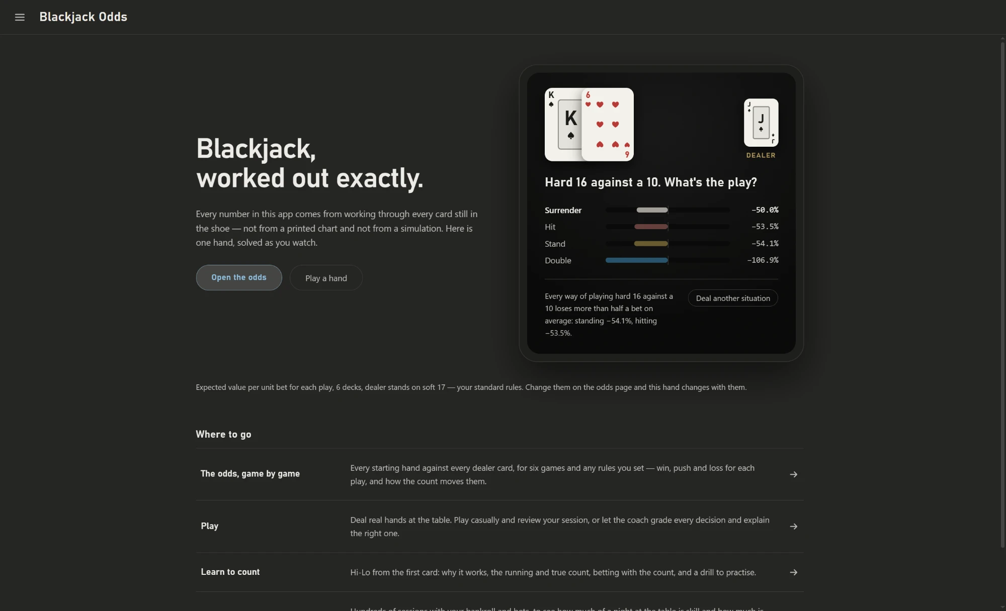 The app's opening screen: one hand dealt, with the expected value of surrendering, hitting, standing and doubling listed beside it.